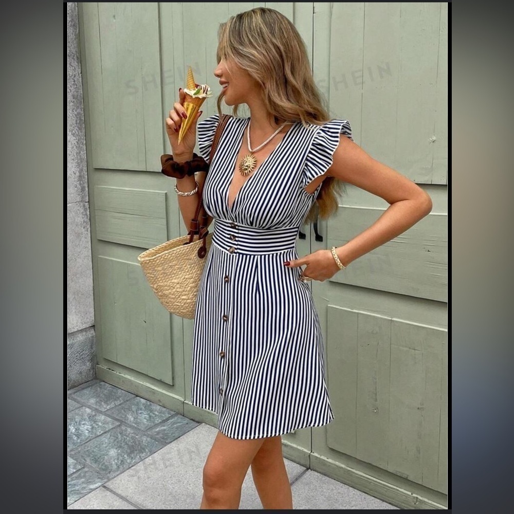 Classic Stripe Print Ruffle Cap Sleeve Button Down Shirt Dress - Picture 1 of 4